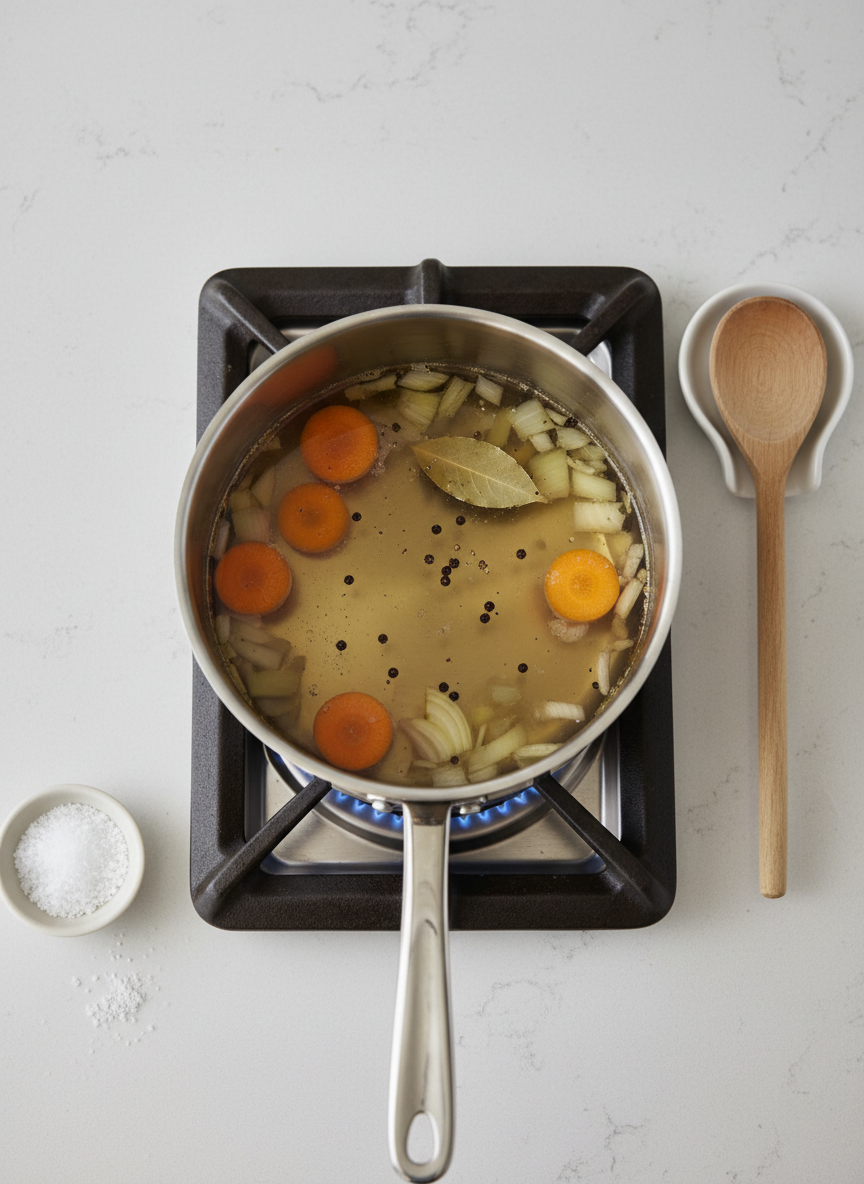 A top-down, photographic realistic view of a simple stovetop scene demonstrating practical cooking technique: a single, heavy-bottomed stainless steel pot simmering a clear broth. Inside the pot, visible through gently rippling liquid, float carrot slices, onion quarters, peppercorns, and a bay leaf. The pot sits on a dark, matte gas burner with a faint blue flame ring just visible at the edge. Around the stove, the counter is mostly clear except for a small pinch bowl of salt and a wooden spoon resting on a clean ceramic spoon rest. Overhead, neutral ambient lighting is bright but soft, minimizing harsh reflections on the metal. The composition uses centered framing with moderate depth of field, creating a focused, calm, instructional mood, ideal for a professional kitchen tips blog header.