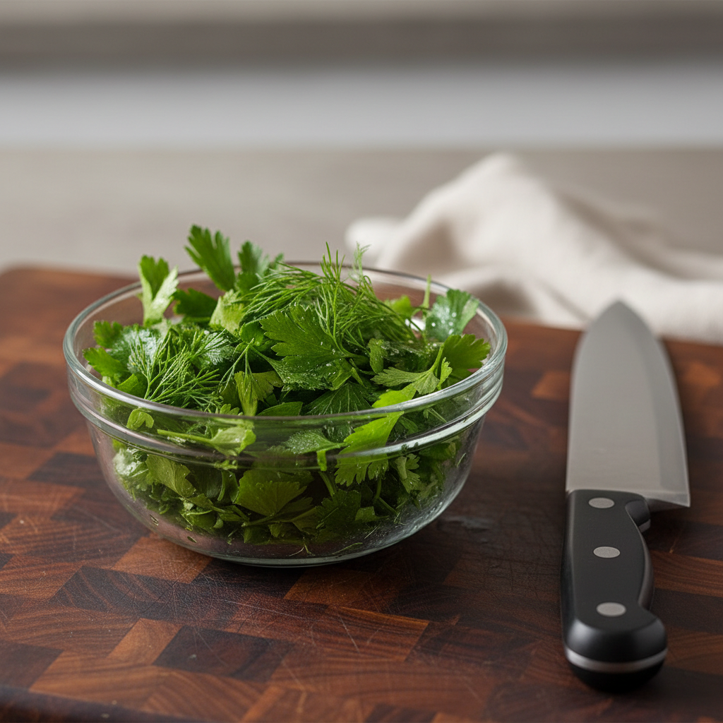 A close-up, photographic realistic shot of a small glass bowl filled with freshly chopped green herbs—parsley, dill, and cilantro—resting on a well-used but clean wooden cutting board, demonstrating preparation tips. The herb leaves look dewy and vibrant, with tiny water droplets catching the light. Beside the bowl lies a sharp stainless steel chef’s knife with a matte handle, blade reflecting a subtle sheen. The background shows a softly blurred neutral kitchen surface with a folded light linen towel. Natural side light from an unseen window creates gentle highlights on the herbs and knife edge, with soft, directional shadows. Captured from a slightly elevated angle with shallow depth of field, the mood is focused, fresh, and professional, ideal for step-by-step kitchen guidance.