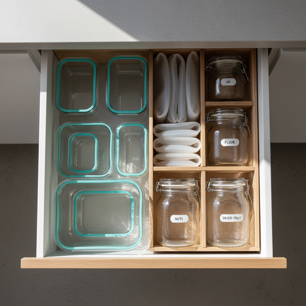 An overhead view of a tidy kitchen drawer opened halfway to reveal an impeccably organized collection of food storage containers and lids, illustrating smart saklama yöntemleri. Transparent glass containers with silicone seals are nested by size, their subtle aqua-colored rims forming a pleasing pattern. On one side, neatly rolled reusable silicone bags and labeled clip-top jars for flour, nuts, and dried fruit sit in custom wooden dividers. Soft, diffused daylight from the side casts minimal shadows, emphasizing the clean lines and clear materials. The mood is orderly and efficient, with a minimalist, photographic realism style. The bird’s-eye composition and sharp focus throughout convey practical organization and easy-to-understand storage ideas.