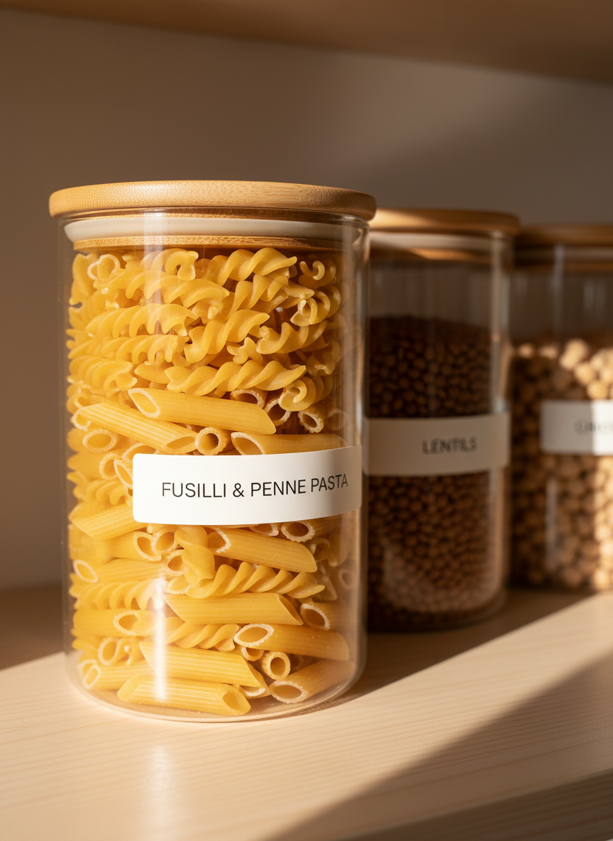 A detailed close-up of a labeled glass jar filled with perfectly aligned dried pasta, representing pantry organization. The transparent cylindrical jar with a smooth, airtight bamboo lid stands on a pale wooden shelf. Pasta shapes—fusilli and penne—are arranged in distinct layers, their golden-yellow tones contrasting softly with the light wood. Beside it, slightly out of focus, sit jars of lentils and chickpeas, all with minimalist white labels in clear typography. Warm, indirect afternoon light from the side casts soft shadows and creates gentle highlights along the glass curves and pasta ridges. Captured at a slightly low, three-quarter angle with shallow depth of field, the mood is orderly, calm, and professional, emphasizing clean, photographic realism tailored to practical mutfak bilgileri about dry storage.