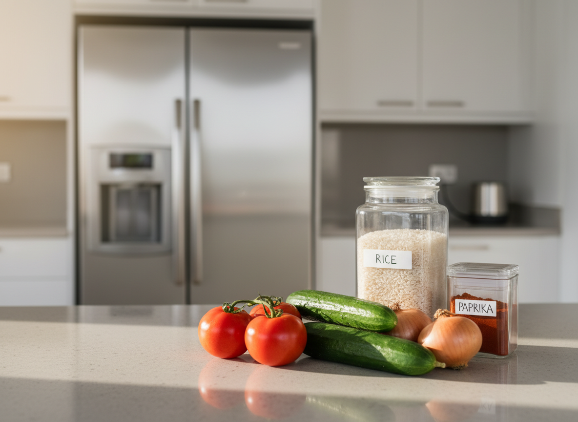 A clean, modern kitchen countertop featuring a neatly arranged assortment of fresh vegetables and pantry staples, highlighting practical cooking preparation. A smooth light-gray stone counter holds vibrant red tomatoes, crisp green cucumbers, golden onions, a glass jar of rice, and a small clear container of spices, all labeled simply. In the background, softly blurred white cabinets and a stainless steel fridge suggest an organized home kitchen. Soft morning daylight enters from an unseen window, creating gentle highlights on glass and produce skins and subtle shadows along the counter. Shot at eye level with a shallow depth of field, the composition feels calm, professional, and instructional, emphasizing photographic realism and clarity suitable for a practical cooking tips blog.
