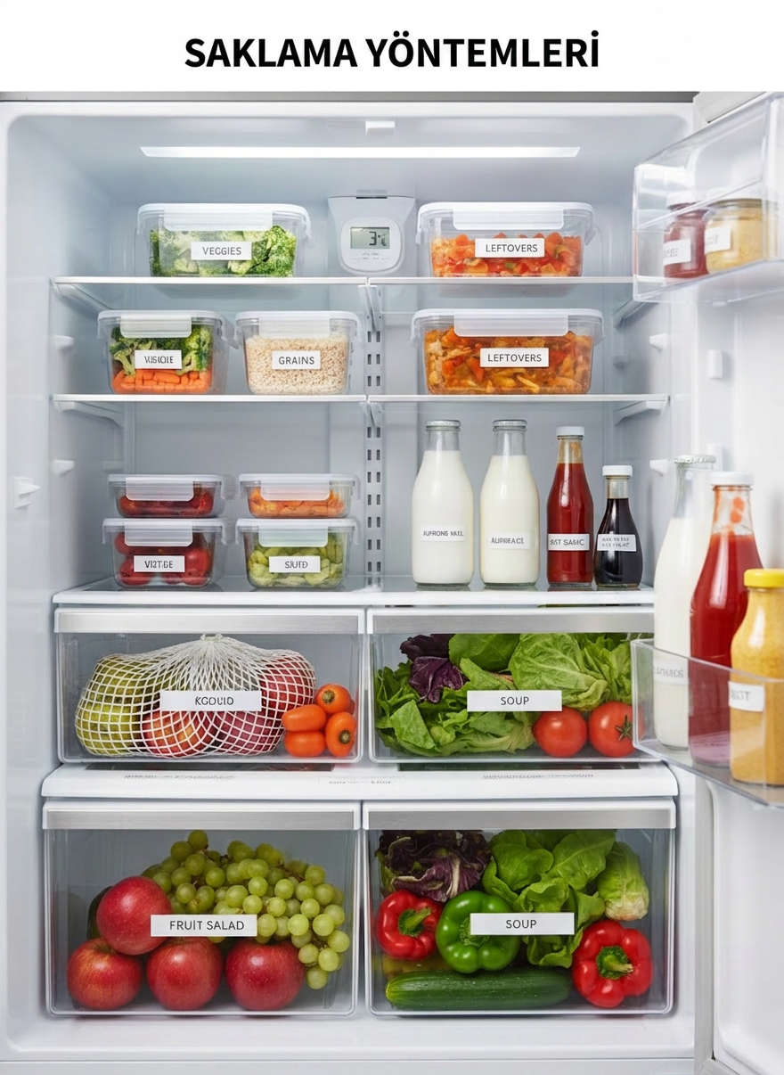 mutfak bilgileri A neatly arranged refrigerator interior illustrating effective food storage, photographed with realistic detail. On clear glass shelves, labeled transparent containers hold prepped vegetables, cooked grains, and leftovers, arranged by category. In the door, glass bottles of milk and sauces stand upright, while the crispers contain colorful produce in breathable mesh bags. A small digital thermometer is visible on an upper shelf, hinting at temperature control tips. Cool, even interior lighting creates a clean white glow that reflects off the plastic and glass surfaces without harsh glare. Shot straight-on at eye level with sharp focus across the scene, the composition is balanced and symmetrical, conveying a calm, professional, and trustworthy atmosphere for practical saklama yöntemleri advice.