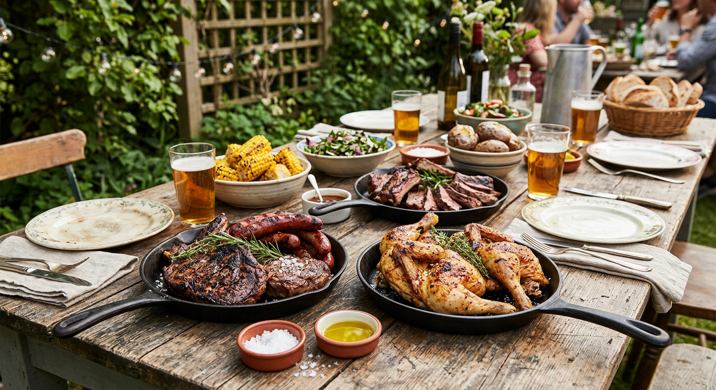 Outdoor barbecue feast with drinks Grilled meats, corn on the cob, salad, bread, and drinks on a wooden outdoor table