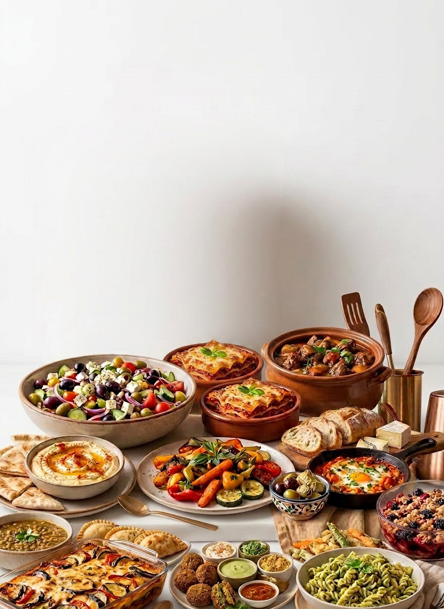 Mediterranean-style meal with pasta and sides Table filled with various Mediterranean dishes including pasta, roasted vegetables, salad, dips, bread, and baked dishes