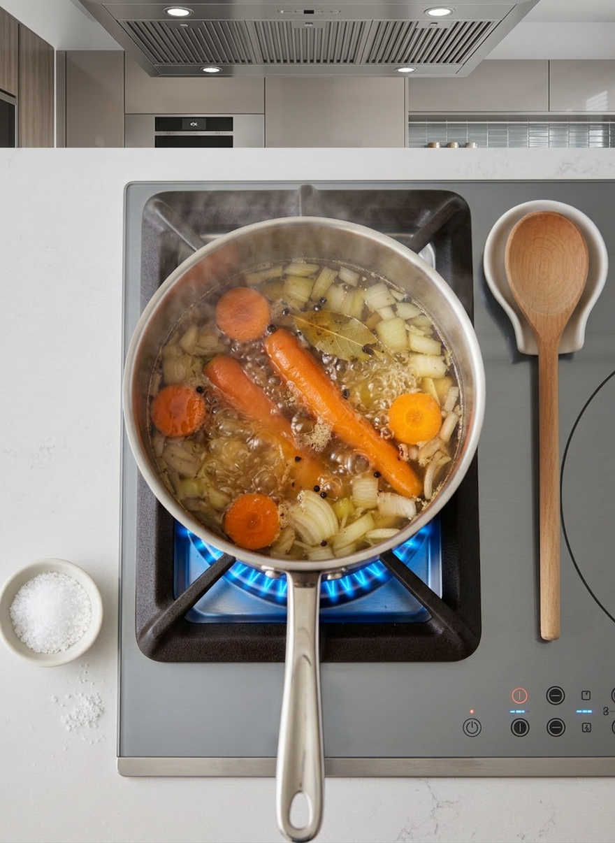 mutfak bilgileri A top-down, photographic realistic view of a simple stovetop scene demonstrating practical cooking technique: a single, heavy-bottomed stainless steel pot simmering a clear broth. Inside the pot, visible through gently rippling liquid, float carrot slices, onion quarters, peppercorns, and a bay leaf. The pot sits on a dark, matte gas burner with a faint blue flame ring just visible at the edge. Around the stove, the counter is mostly clear except for a small pinch bowl of salt and a wooden spoon resting on a clean ceramic spoon rest. Overhead, neutral ambient lighting is bright but soft, minimizing harsh reflections on the metal. The composition uses centered framing with moderate depth of field, creating a focused, calm, instructional mood, ideal for a professional kitchen tips blog header.
