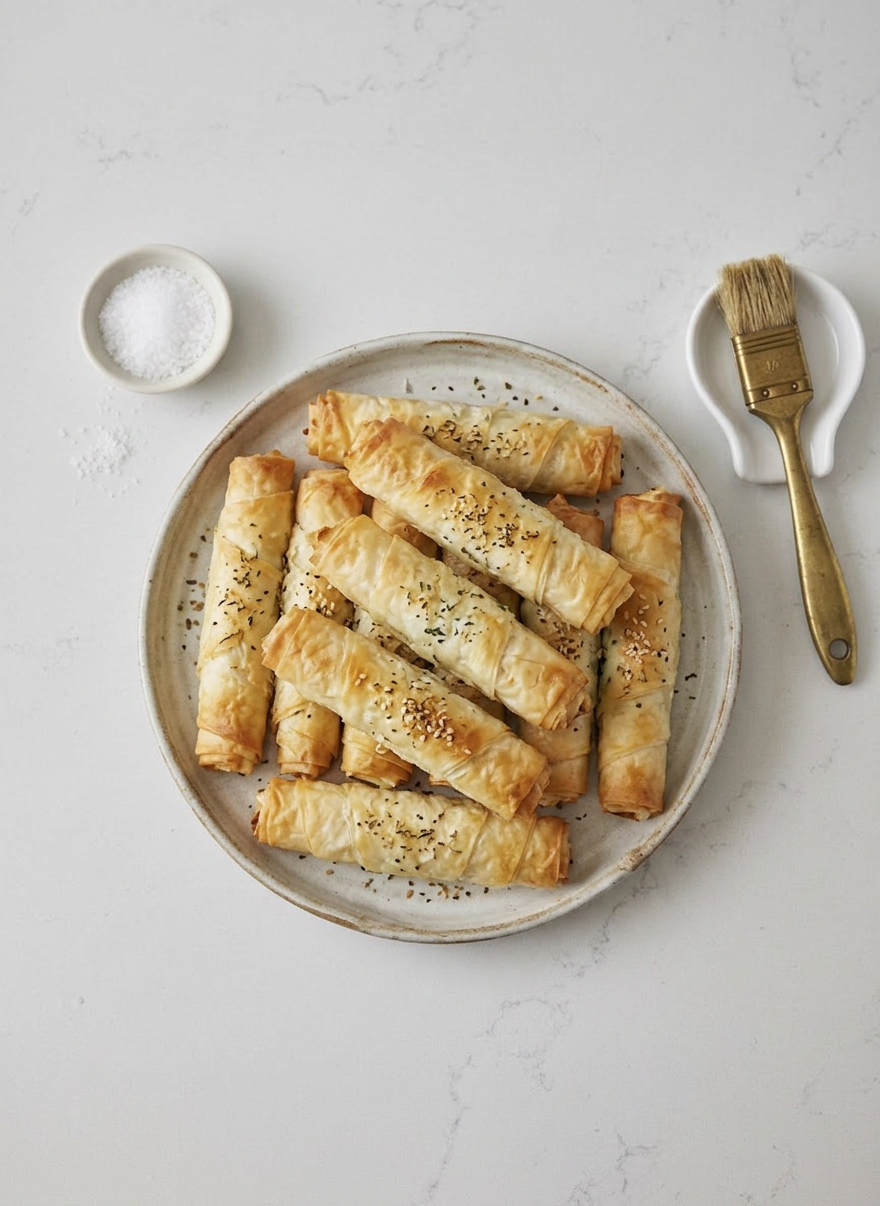 Savory phyllo pastry rolls platter Plate of golden baked phyllo pastry rolls sprinkled with herbs