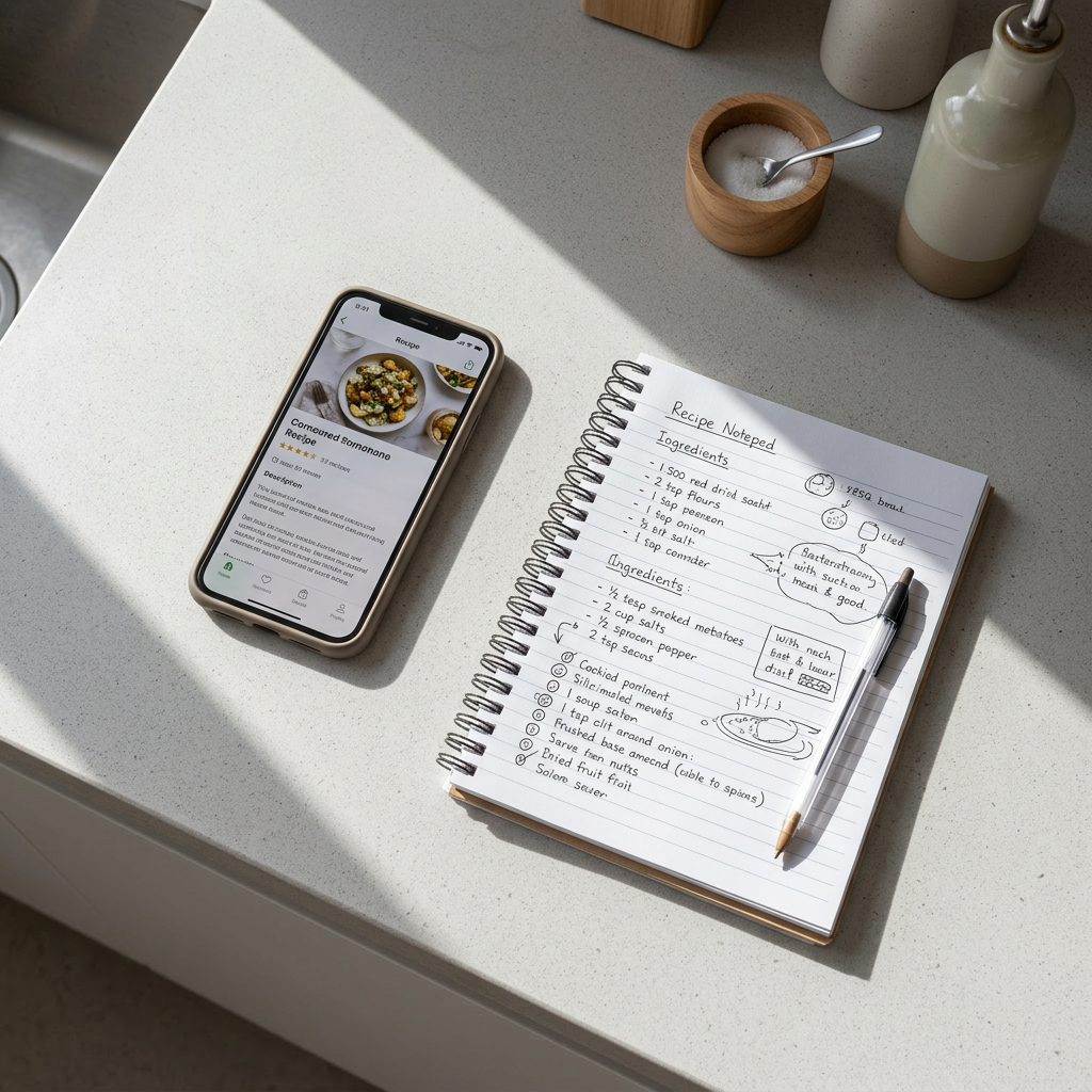 Handwritten recipe notes and smartphone with digital recipe on kitchen countertop