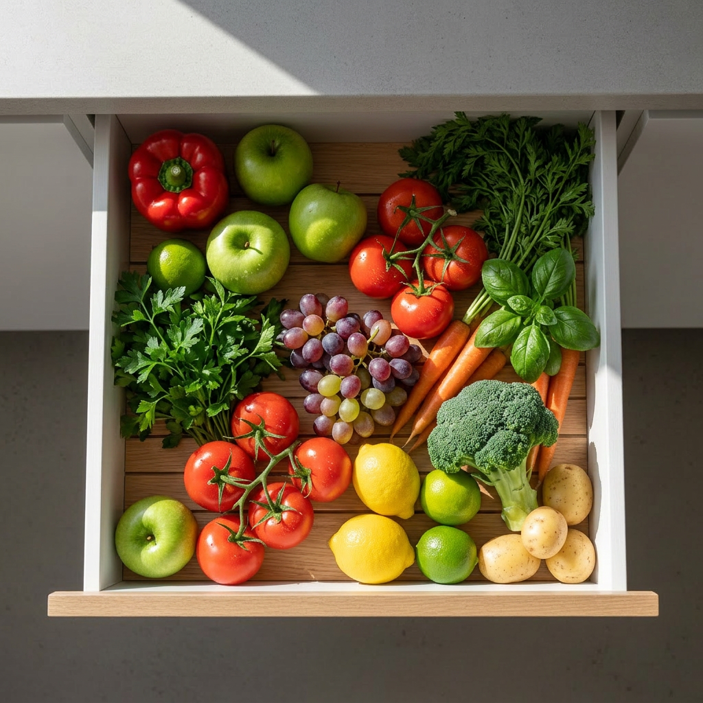 An overhead view of a tidy kitchen drawer opened halfway to reveal an impeccably organized collection of food storage containers and lids, illustrating smart saklama yöntemleri. Transparent glass containers with silicone seals are nested by size, their subtle aqua-colored rims forming a pleasing pattern. On one side, neatly rolled reusable silicone bags and labeled clip-top jars for flour, nuts, and dried fruit sit in custom wooden dividers. Soft, diffused daylight from the side casts minimal shadows, emphasizing the clean lines and clear materials. The mood is orderly and efficient, with a minimalist, photographic realism style. The bird’s-eye composition and sharp focus throughout convey practical organization and easy-to-understand storage ideas.