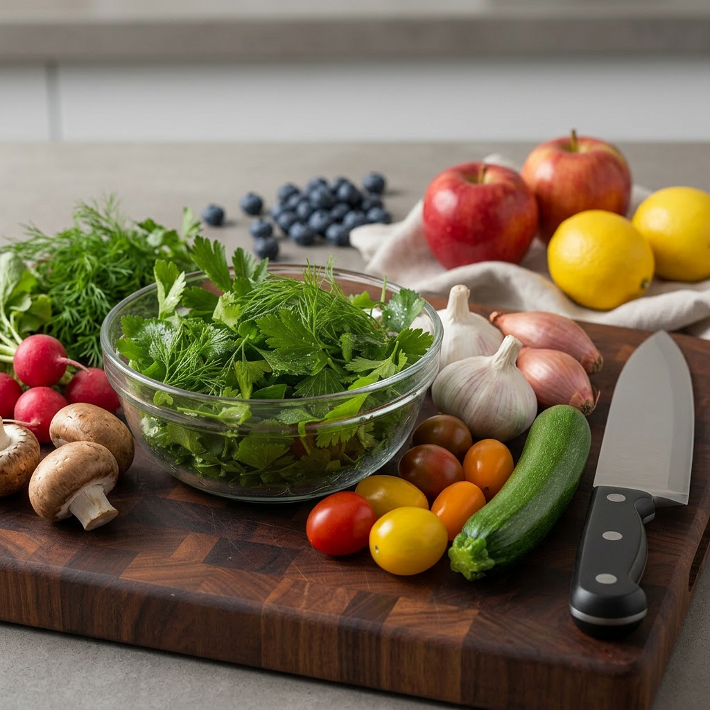 A close-up, photographic realistic shot of a small glass bowl filled with freshly chopped green herbs—parsley, dill, and cilantro—resting on a well-used but clean wooden cutting board, demonstrating preparation tips. The herb leaves look dewy and vibrant, with tiny water droplets catching the light. Beside the bowl lies a sharp stainless steel chef’s knife with a matte handle, blade reflecting a subtle sheen. The background shows a softly blurred neutral kitchen surface with a folded light linen towel. Natural side light from an unseen window creates gentle highlights on the herbs and knife edge, with soft, directional shadows. Captured from a slightly elevated angle with shallow depth of field, the mood is focused, fresh, and professional, ideal for step-by-step kitchen guidance.