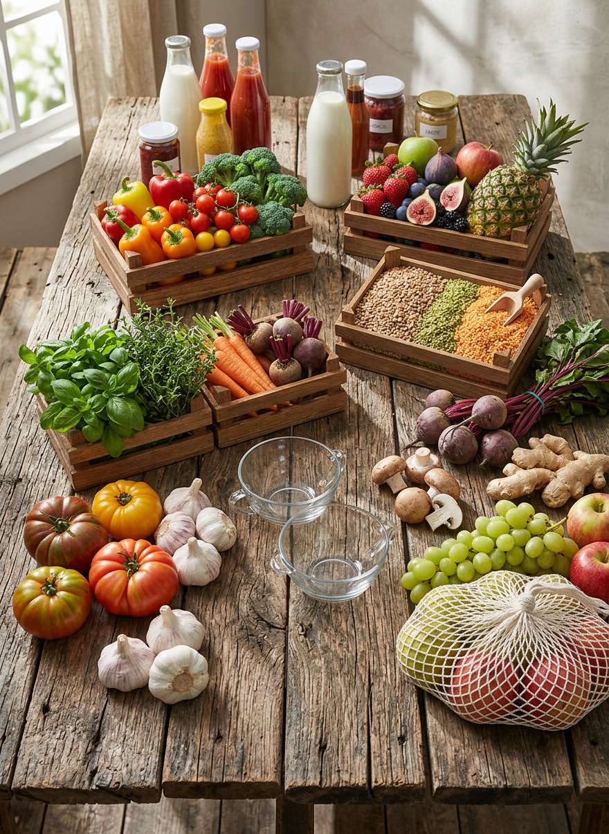 A neatly arranged refrigerator interior illustrating effective food storage, photographed with realistic detail. On clear glass shelves, labeled transparent containers hold prepped vegetables, cooked grains, and leftovers, arranged by category. In the door, glass bottles of milk and sauces stand upright, while the crispers contain colorful produce in breathable mesh bags. A small digital thermometer is visible on an upper shelf, hinting at temperature control tips. Cool, even interior lighting creates a clean white glow that reflects off the plastic and glass surfaces without harsh glare. Shot straight-on at eye level with sharp focus across the scene, the composition is balanced and symmetrical, conveying a calm, professional, and trustworthy atmosphere for practical saklama yöntemleri advice.