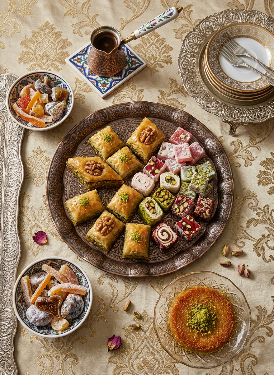 Traditional Middle Eastern sweets and coffee Assorted Middle Eastern sweets on a decorative tray with coffee and candied fruits